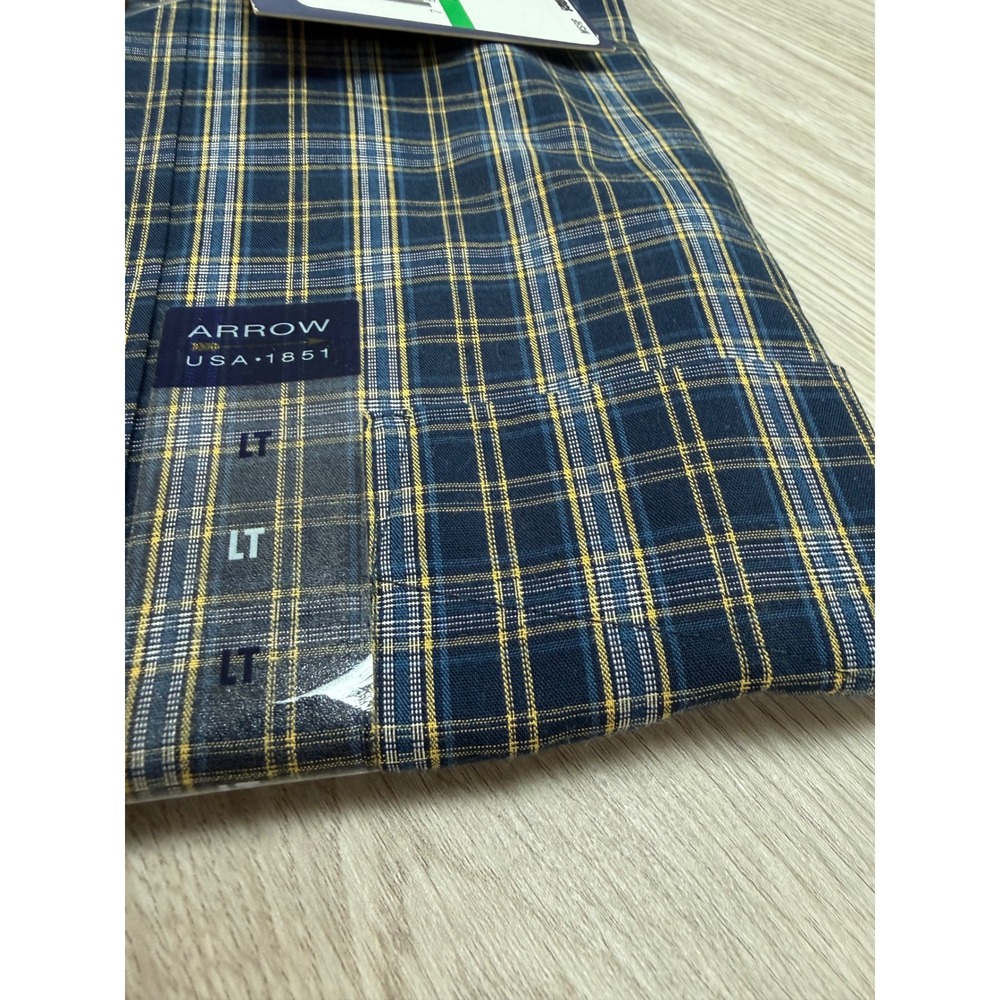 Arrow USA 1851 Mens Large Tall Plaid Button Down Shirt Wrinkle Free Navy Yellow - Picture 7 of 8